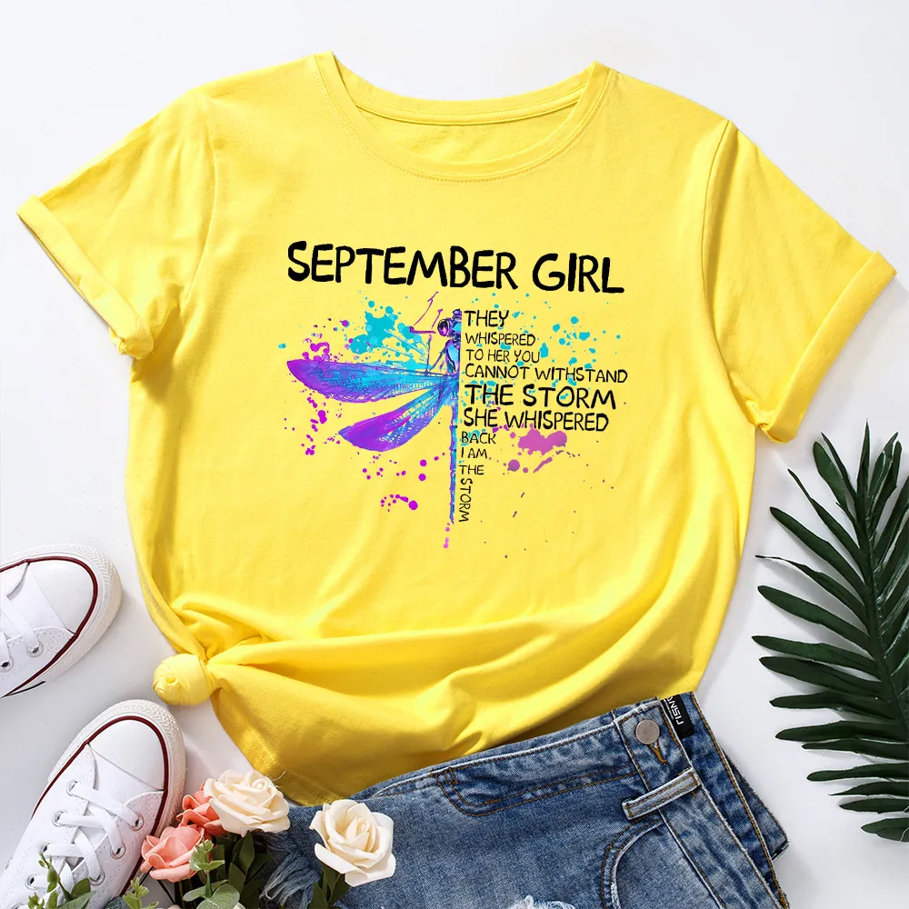 Letter Dragonfly Print Loose Round Neck Short Sleeves - Yellow