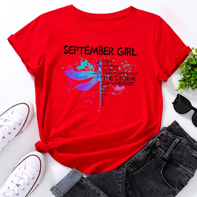 Letter Dragonfly Print Loose Round Neck Short Sleeves Red - Shop at LoveMi