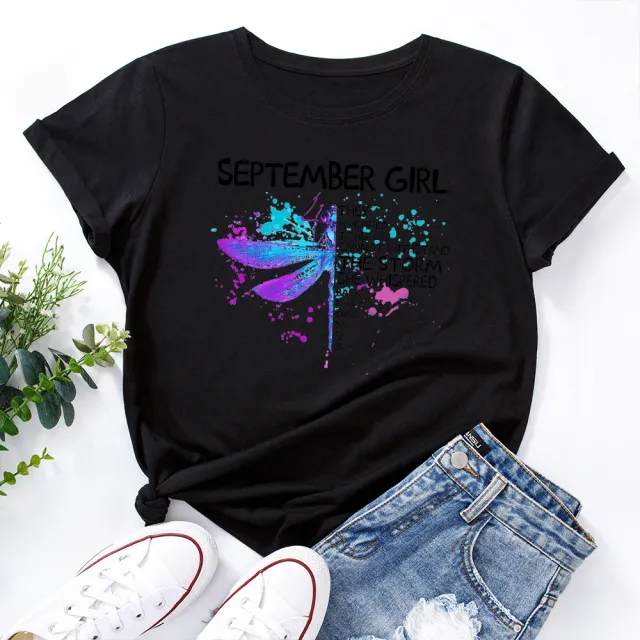 Letter Dragonfly Print Loose Round Neck Short Sleeves Black - Shop at LoveMi