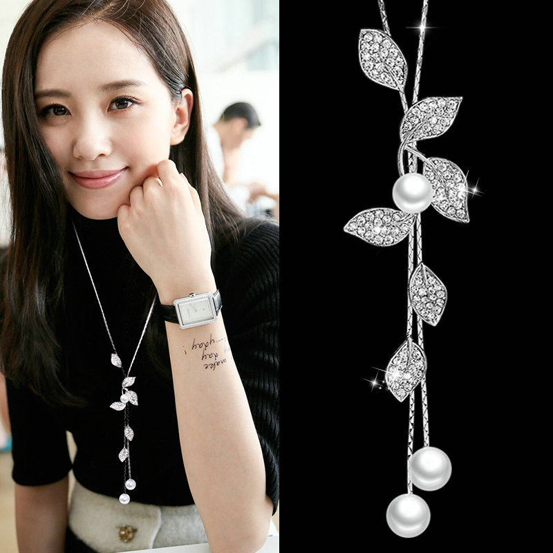 Title 2, Temperament Pearl Leaf Tassel Necklace Sweater ...