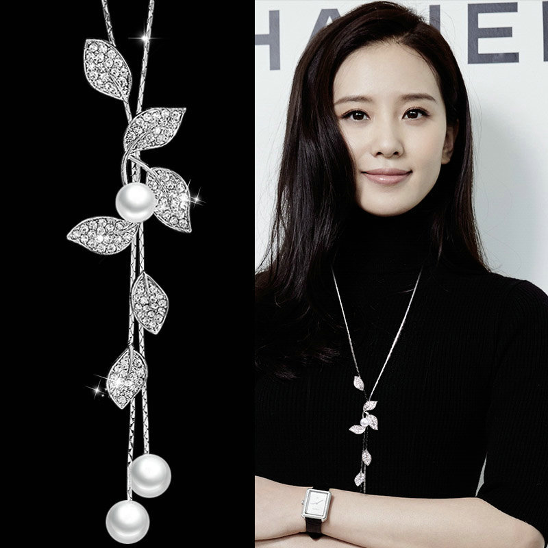 Title 4, Temperament Pearl Leaf Tassel Necklace Sweater ...