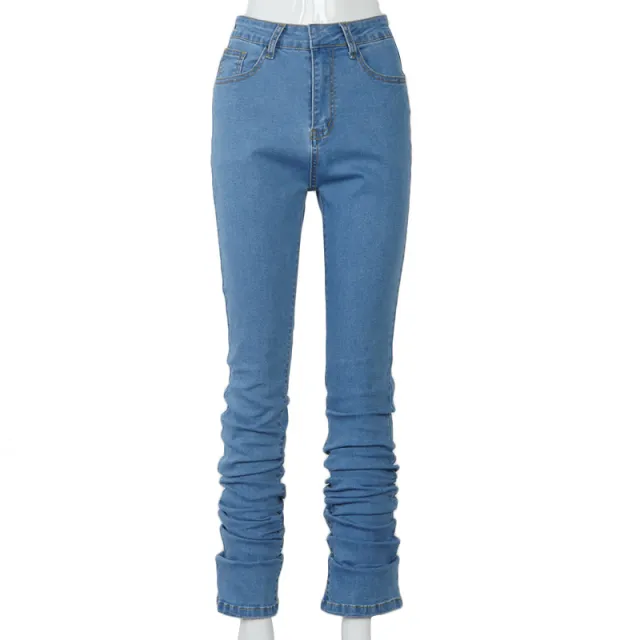 Women Ruched Denim Blue High Wait Stacked Pants Light Blue - Shop at LoveMi