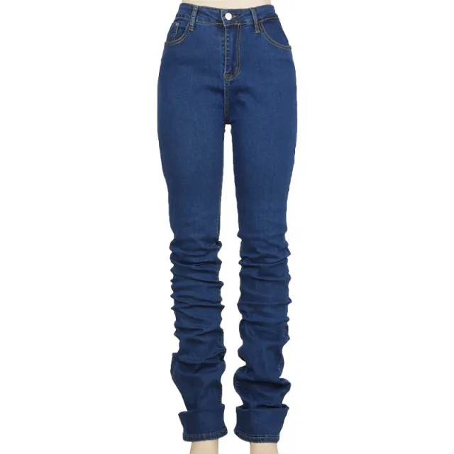 Women Ruched Denim Blue High Wait Stacked Pants Dark Blue - Shop at LoveMi