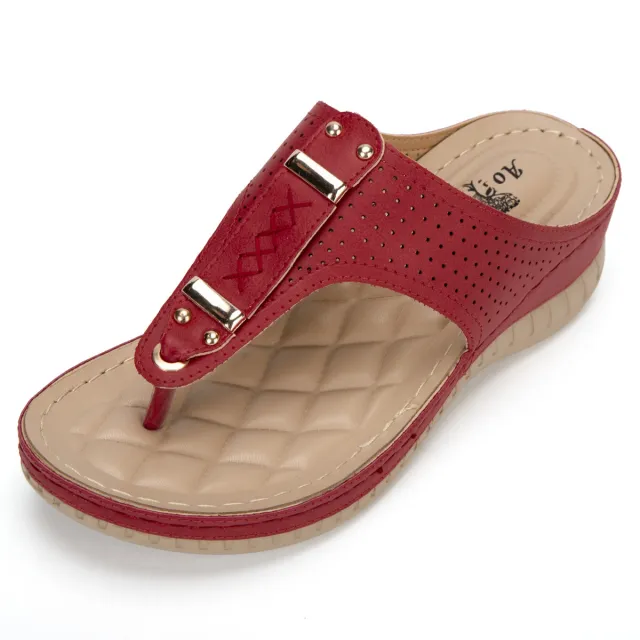 Outer Wedge Heel Flip Flops Retro Metal Sandals Women Red - Shop at LoveMi