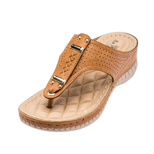 Outer Wedge Heel Flip Flops Retro Metal Sandals Women Brown - Shop at LoveMi