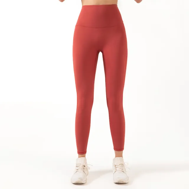 New European And American Ribbed Nude Fitness Yoga Pants High Waist Waistline Stitching Thin Peach Sports Tights Cranberry - Shop at LoveMi