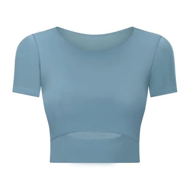 New Style Nude Sports Short Sleeved Fashion Dew With Chest Pad Blue - Shop at LoveMi