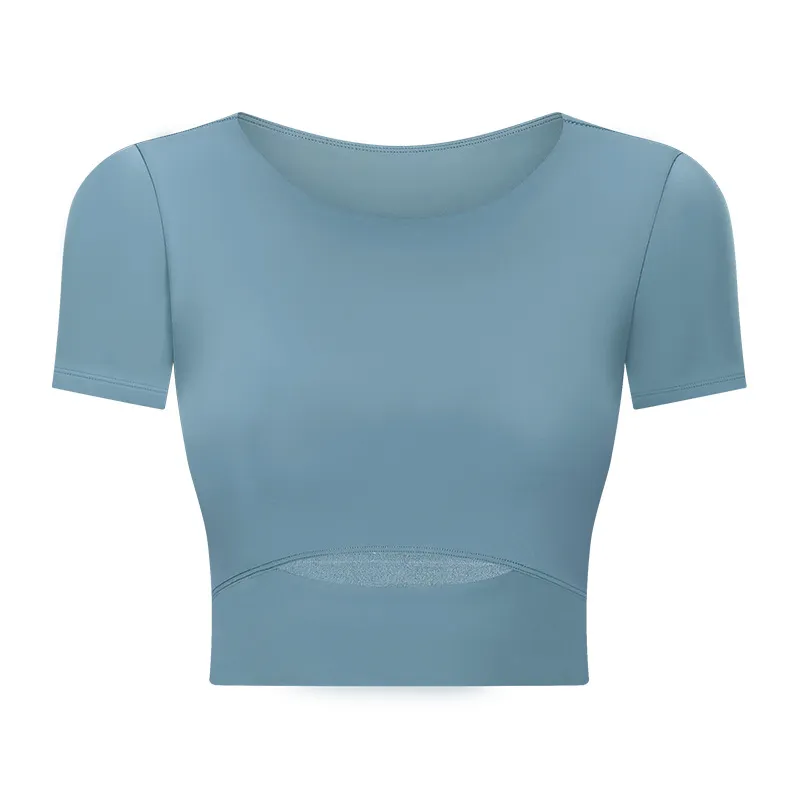 New Style Nude Sports Short-Sleeved Fashion Dew With Chest Pad - Blue