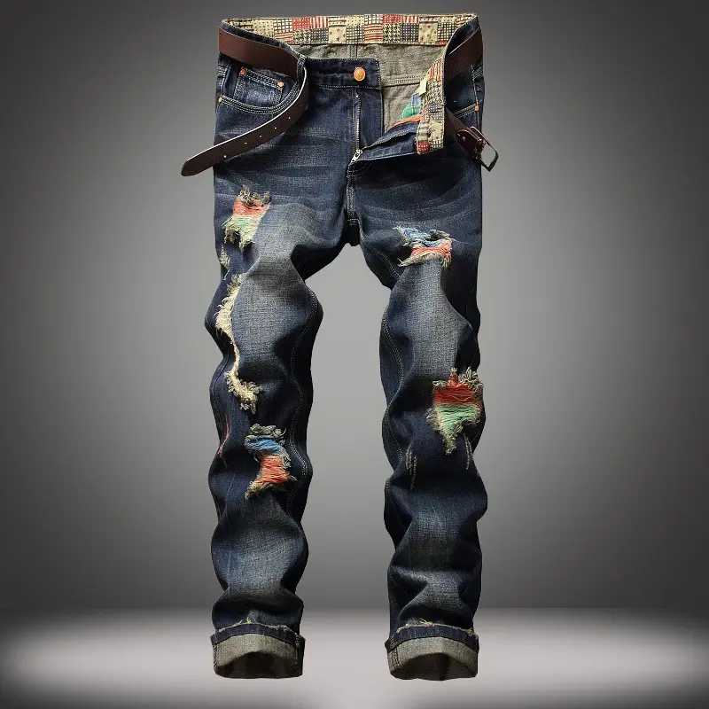Personalized Brushed Jeans Men's Ripped Straight-leg