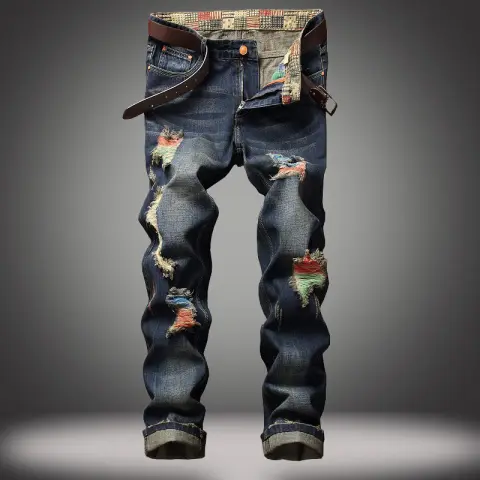 Personalized Brushed Jeans Men's Ripped Straight-leg
