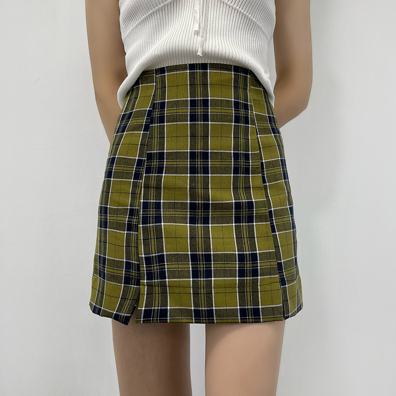 Personality Contrast Color Plaid Side Slit Hips High Waist Skirt