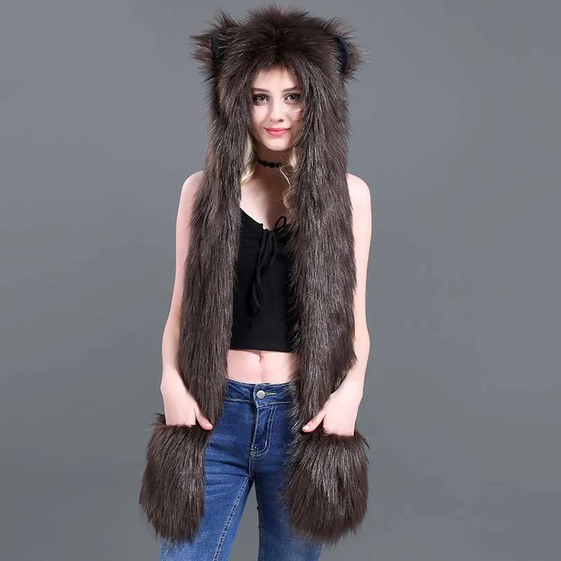 Faux Fur Straw Cartoon Animal Hat Scarf Gloves One - Brown Bear
