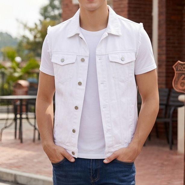 White Denim Vest Men Classic Sleeveless Jean Jacket Button Front US Warehouse Inventory