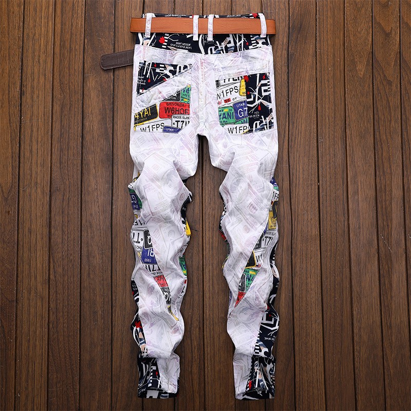 Men's Letters Printed Patchwork White Jeans 