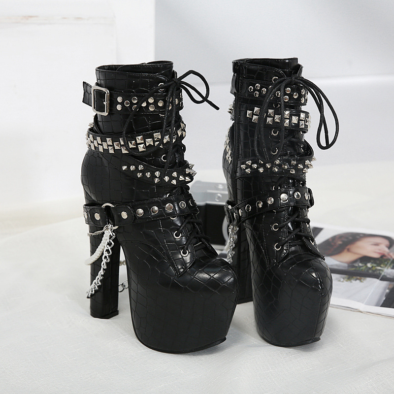 Title 6, Chunky Heel Rivet Metal Chain Lace-Up Ankle Boots