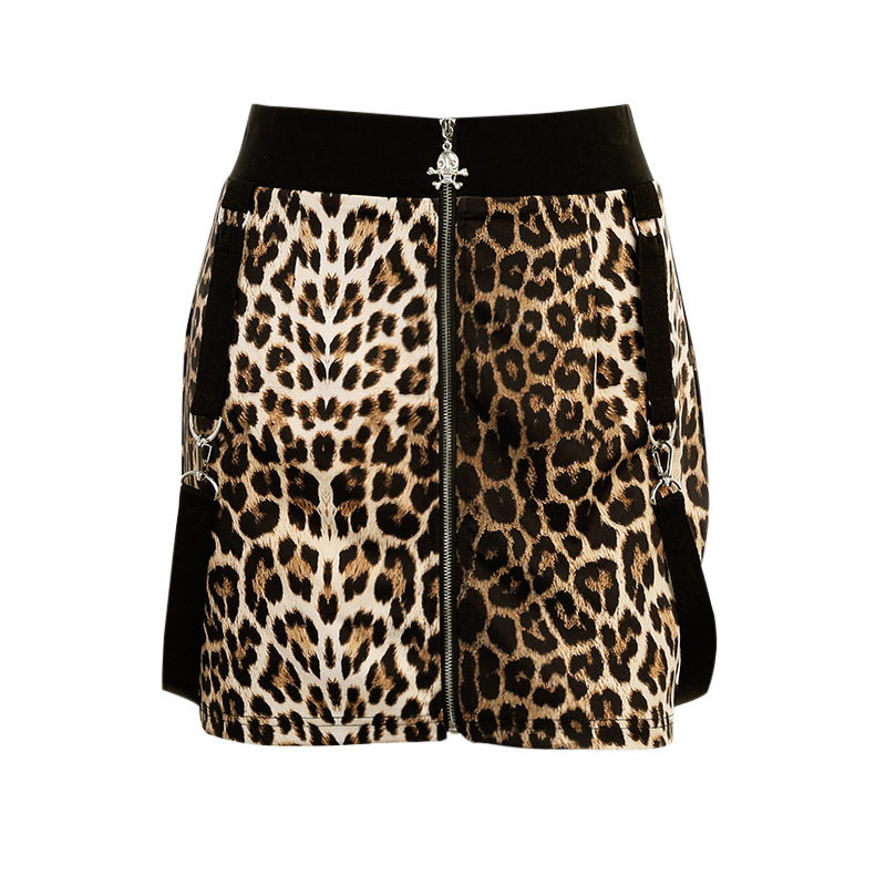 Sexy Leopard Print Lanyard Zipper Half Skirt High Waist Personality Skirt Women