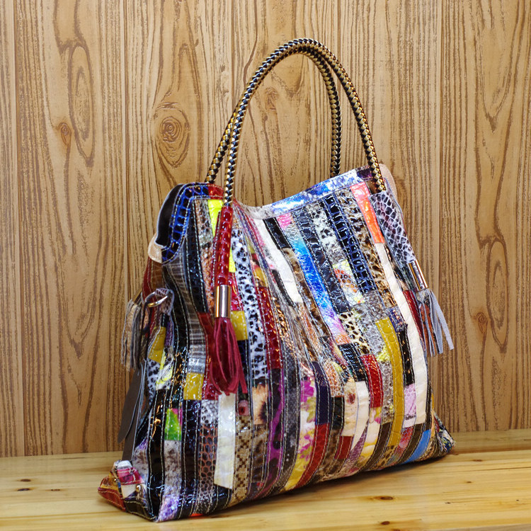 Cowhide Snake Pattern Colorful Stripes And One Shoulder Diagonal Bag