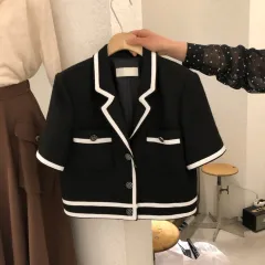 Fashionable style small fragrance lapel buttoned short-sleeved blazer - Black - View 1