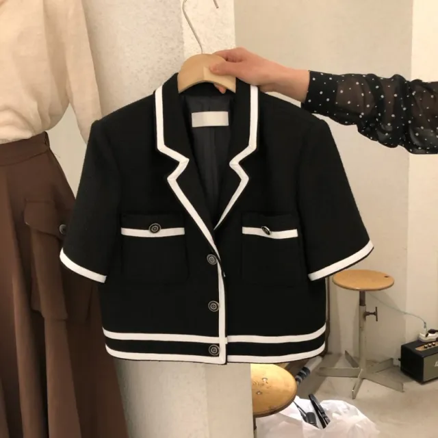 Fashionable style small fragrance lapel buttoned short sleeved blazer Black - Shop at LoveMi