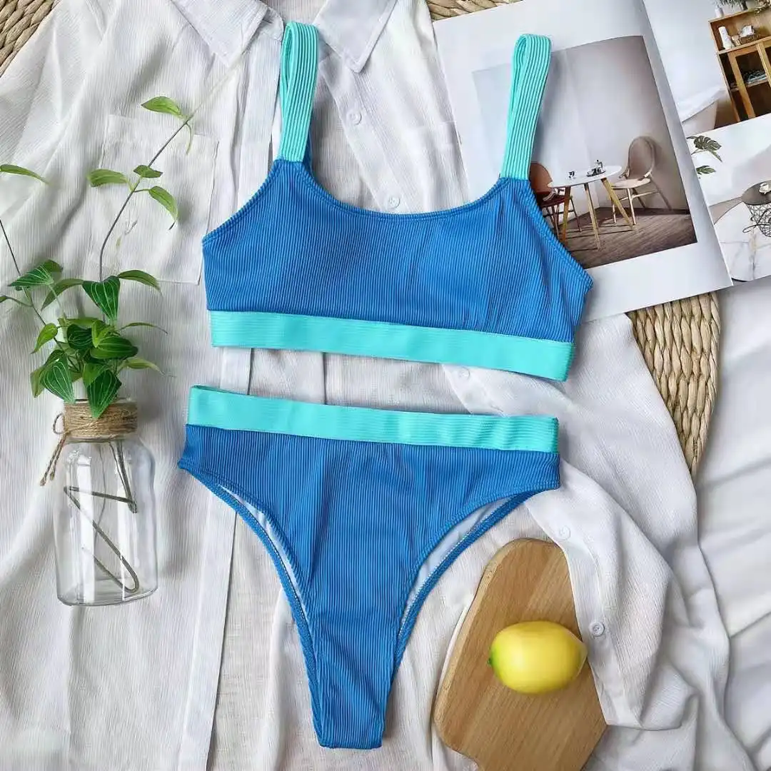 European And American New Bikini Single Pit Bar Solid Color Splicing Bikini Fashion Sexy Cross Border Women's Swimsuit