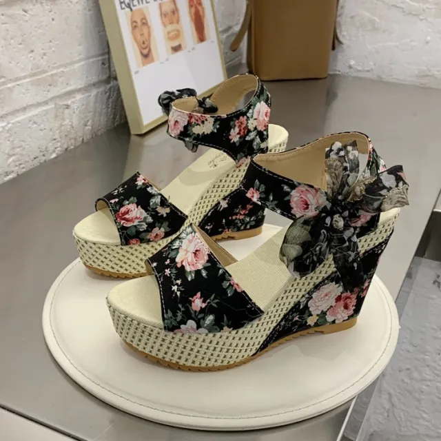 New High Heeled Sandals Women's Thick Soled Wedge Bow Knot Women's Sandals Black - Shop at LoveMi