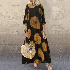 New Style Casual Retro Cotton And Linen Dress - Brown - View 1