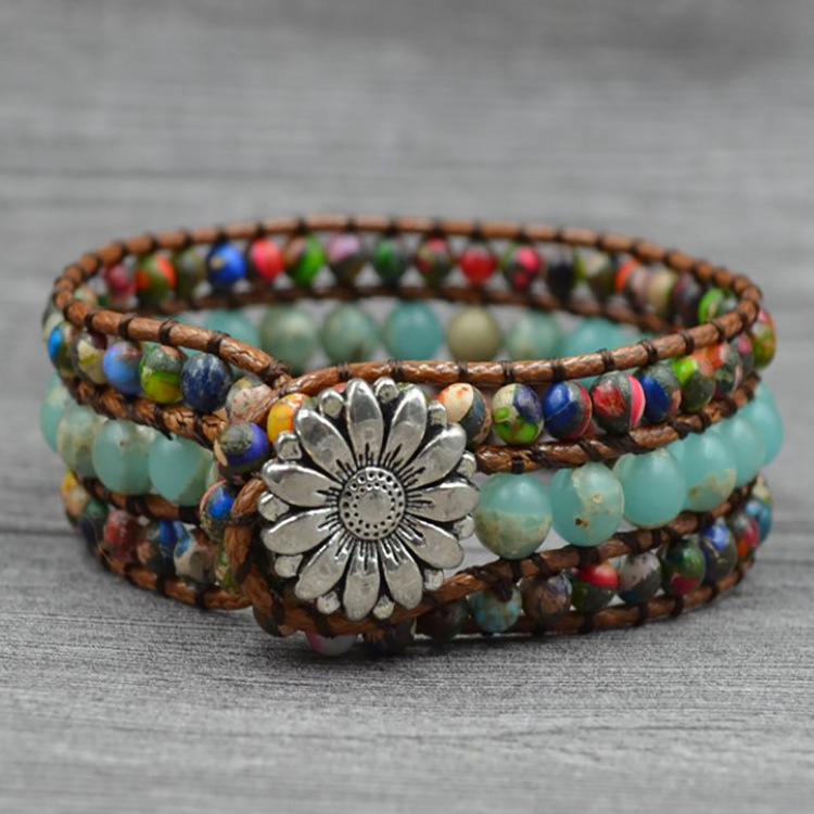 Multi Layer Sunflower Accessories Bracelet Color Stone Beads 18cm Braided 