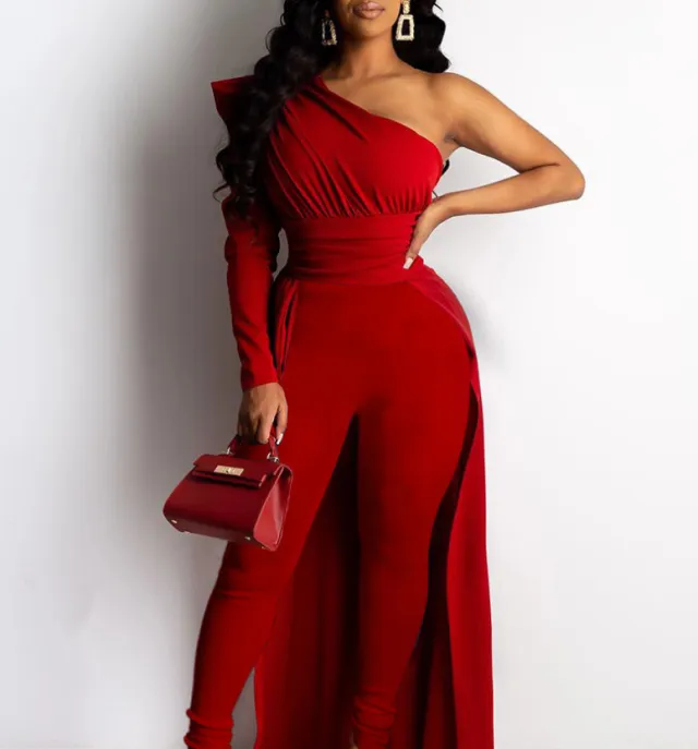 European And American New Style Red One Shoulder Puff Sleeve Skinny Long Mop Jumpsuit Red - Shop at LoveMi