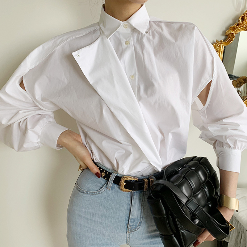 Korean chic spring minority temperament Lapel invisible button two pieces design hollow out Bubble Sleeve Shirt Top