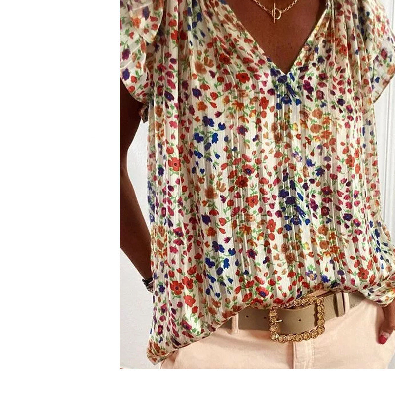 Summer V Neck Floral Women's Short Sleeve Shirt