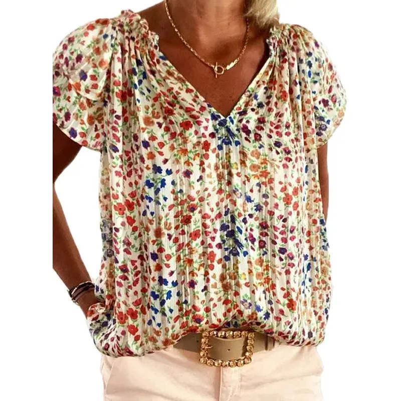Summer V Neck Floral Women's Short Sleeve Shirt - Photo Color
