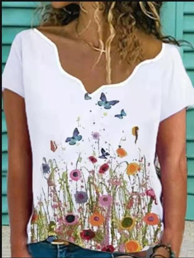 Women's New Loose Casual Floral Print V Neck Pullover T Shirt