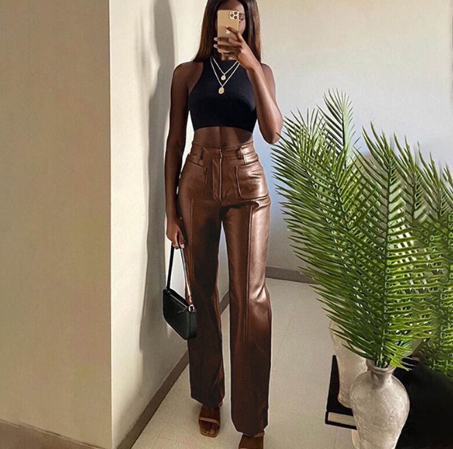 High Waist Bag Hip Motorcycle Straight Pu Trousers