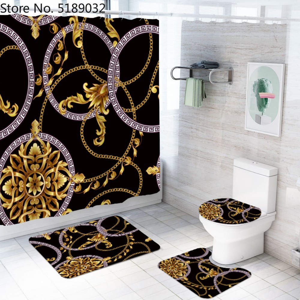 A Set Of 4 Hollow-Shaped Shower Curtains With Bath Mats Toilet Lids, Waterproof Floor Mats Retro Style Shower Curtains