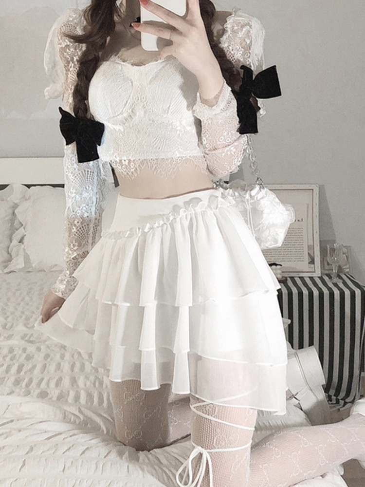 Lace Long-Sleeved Top And Veil Skirt Skirt