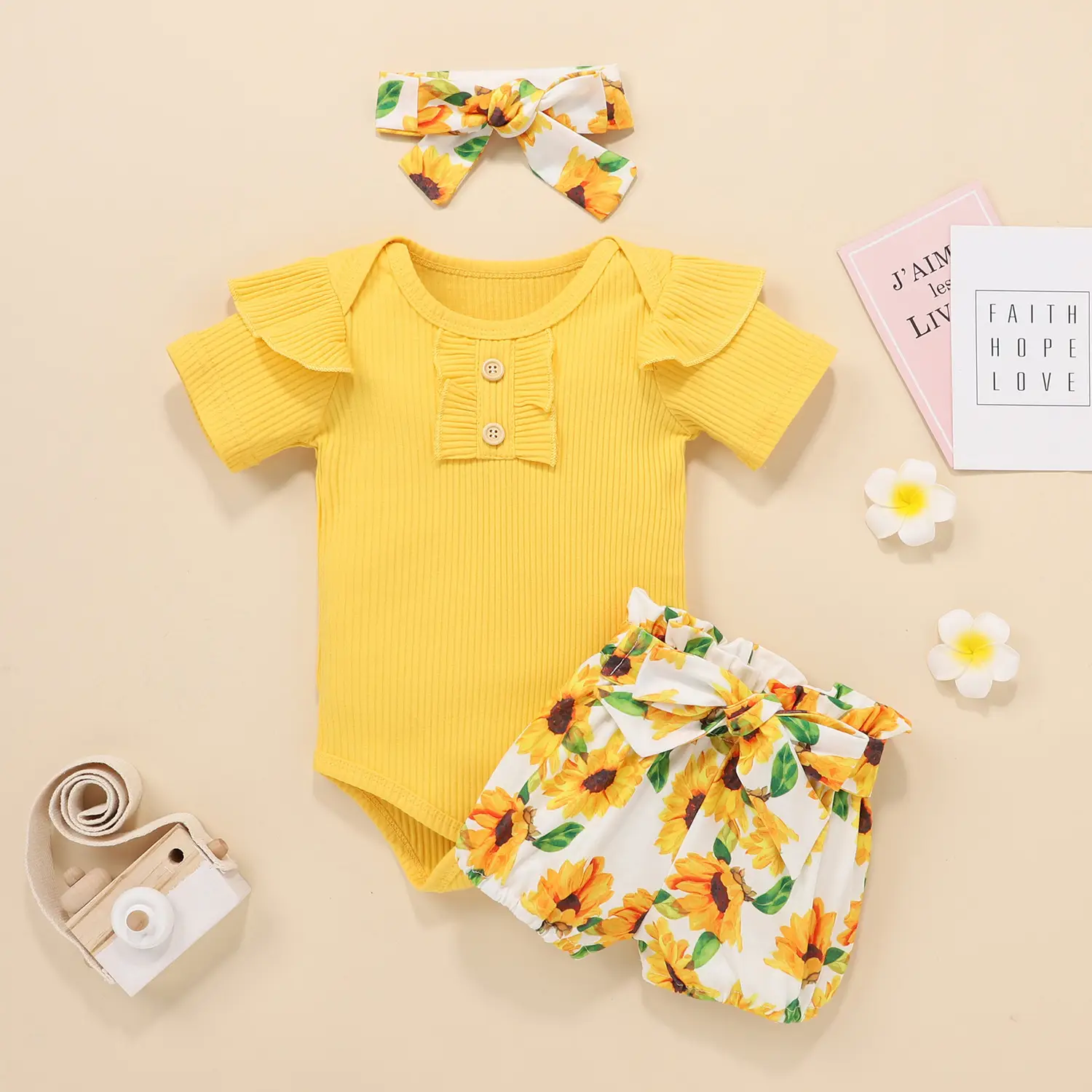 Girls Summer Cotton Flying Sleeve Short Sleeve Romper Floral Shorts Set Amazon Hot Style Wholesale