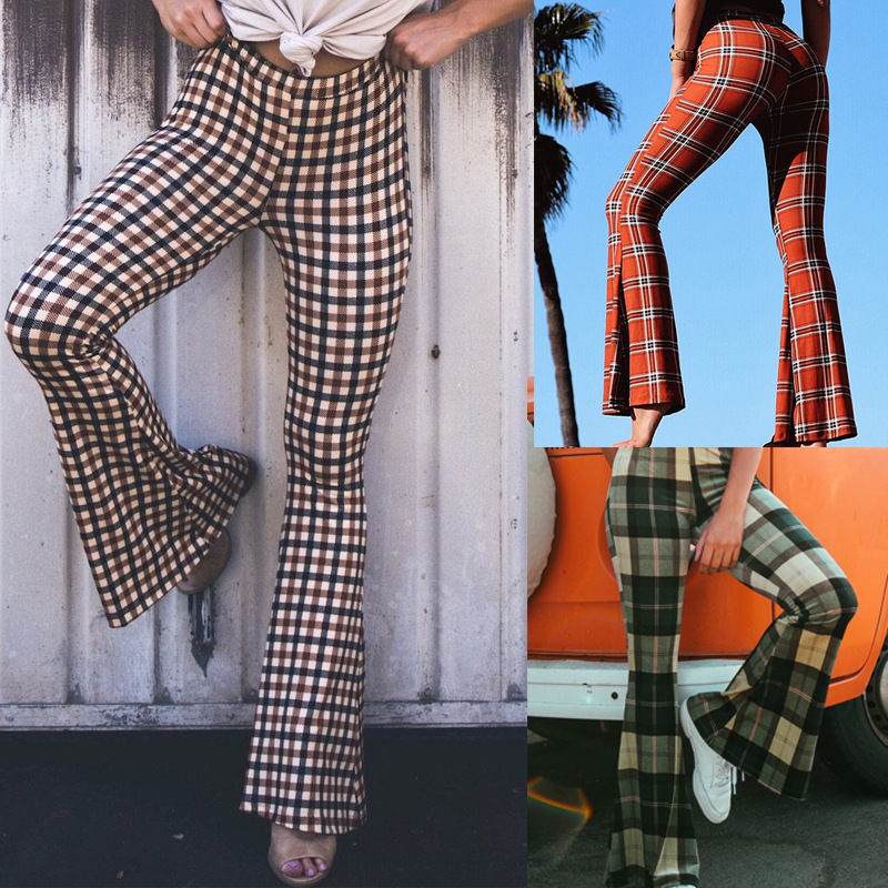 Title 7, Ladies Plaid Print Fashion Slim Bootcut Trousers