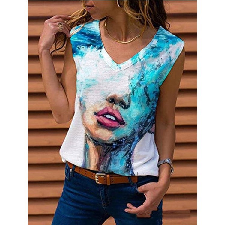 Title 1, Cross-Border Spring V-Neck Printed Sleeveless P...