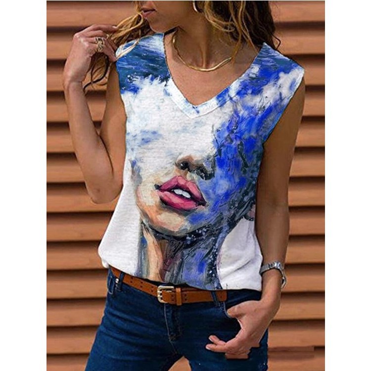 Title 4, Cross-Border Spring V-Neck Printed Sleeveless P...