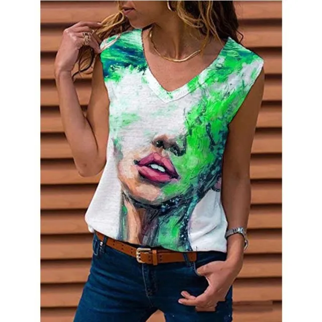 Cross Border Spring V Neck Printed Sleeveless Pullover Casual Loose T Shirt Green - Shop at LoveMi