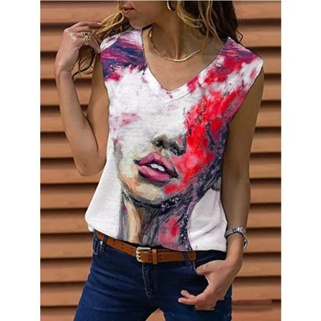 Cross Border Spring V Neck Printed Sleeveless Pullover Casual Loose T Shirt Red - Shop at LoveMi