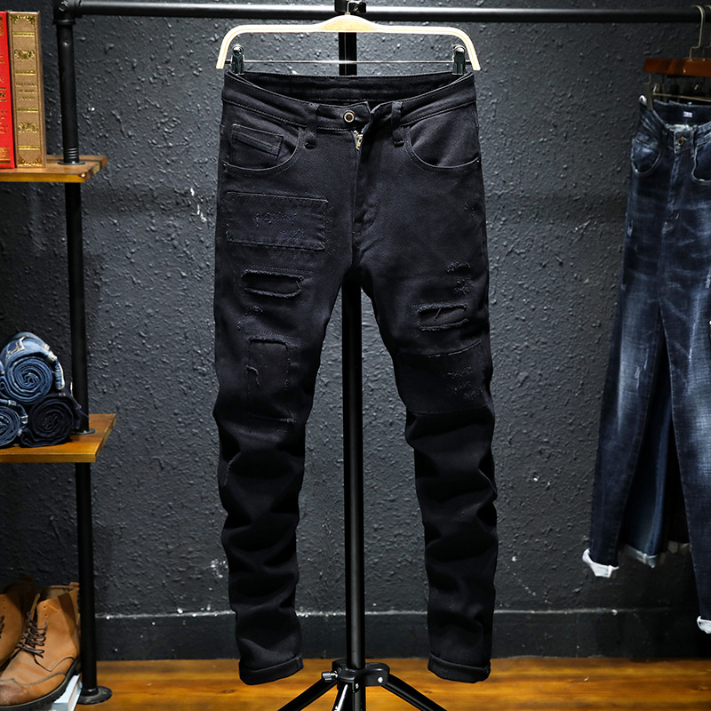 Spring And Summer New Jeans Pure Black Ripped Stretch Jeans Men Black Jeans Men