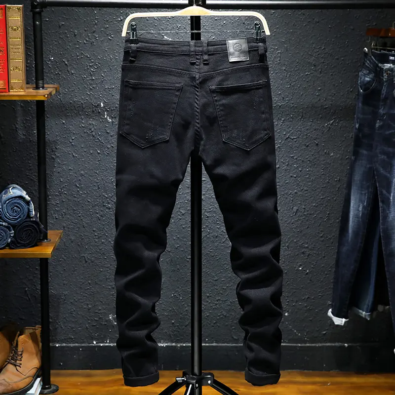 Spring and Summer New Jeans Pure Black Ripped Stretch