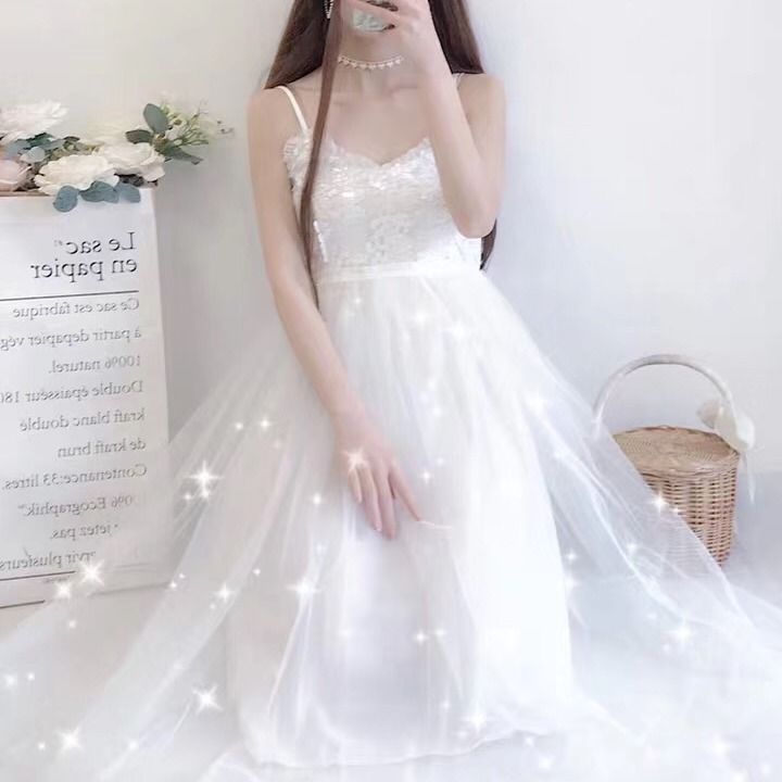 Summer V-Neck Sling Dress Feminine Sequin Lace Stitching Sleeveless Mesh A-Line Mid-Length Skirt