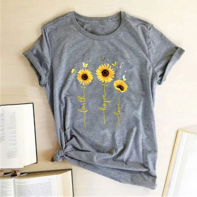 European And American Cross Border Creative Printing Round Neck Cotton Short Sleeve Female T Grey - Shop at LoveMi