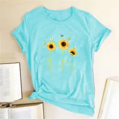 European And American Cross-Border Creative Printing Round Neck Cotton Short Sleeve Female T - Light Blue - View 1