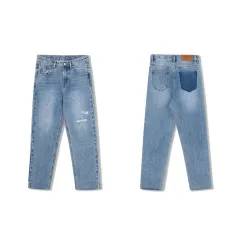 Women's High Waist Loose Straight Leg Pants Slimming Light Colored Jeans With Holes - Blue - View 1