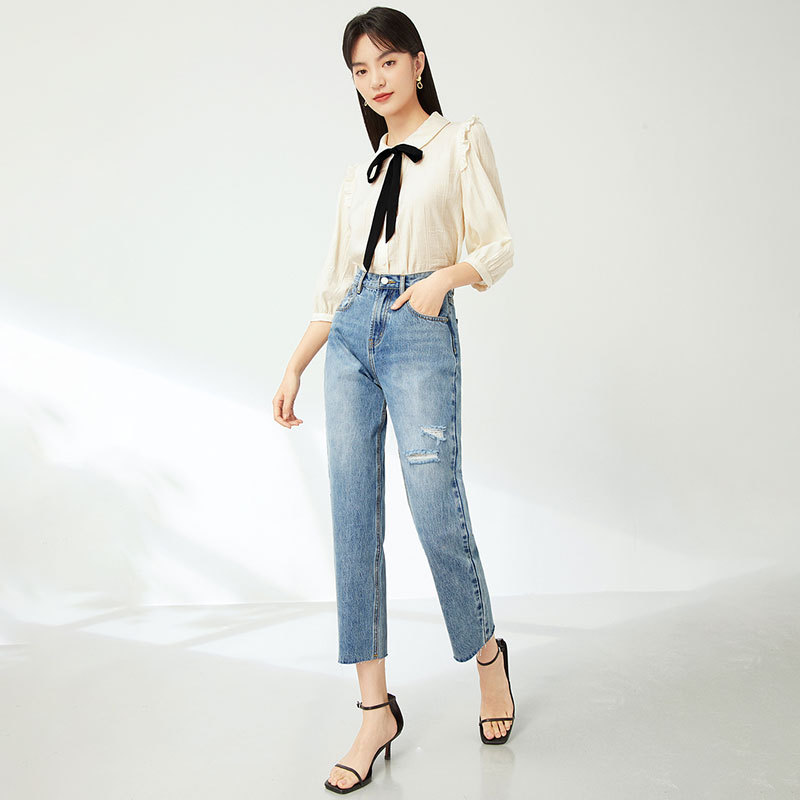 Women's High Waist Loose Straight Leg Pants Slimming Light Colored Jeans With Holes