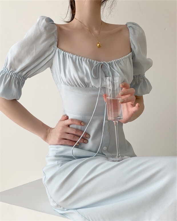 Ice Water Blue Drawstring Lace-Up One-Shoulder Dress Female New French Fashion Shell Button Tea Break Shirt Dress