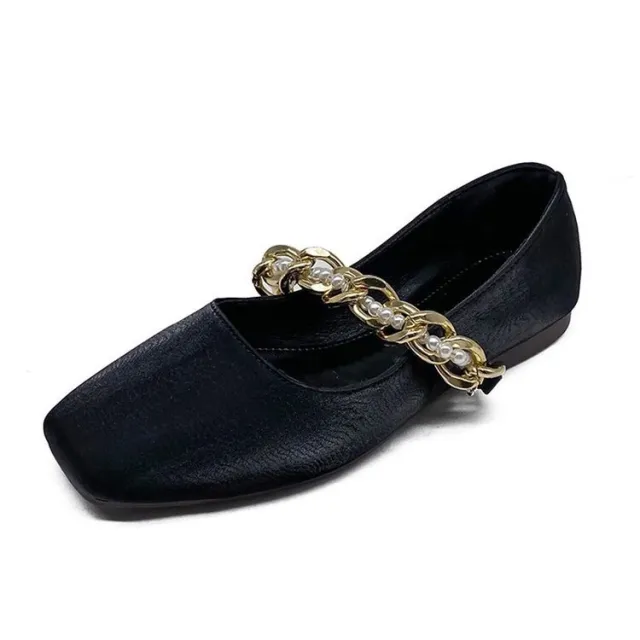 Mary Jane Shoes Women'S Temperament Flat Soft Sole Pedal Square Toe Chain Single Shoes Black - Shop at LoveMi